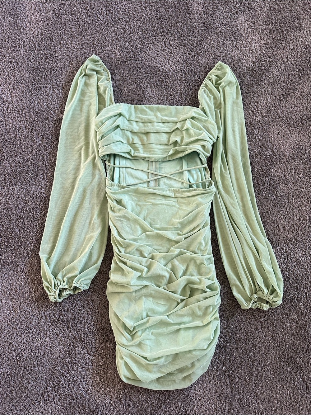 Princess Polly Sage Green Ruched Puff-Sleeve Mini Dress